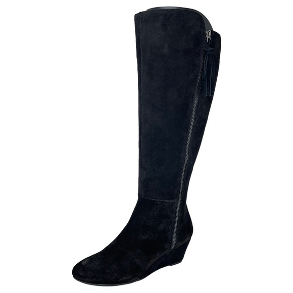 Anne Klein Shoes - Anne Klein Womens Knee High Wedge Boots 5.5M Alanna Black Suede Wide Calf